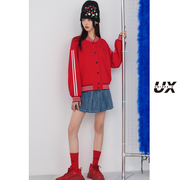 ux秋季红色棒球服外套女中长款宽松休闲时尚运动长袖外套