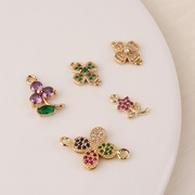铜包金镶锆石diy配件小花朵，幸运四叶花，手链项链耳饰手工材料挂件