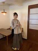 日系小众长袖棉麻衬衫女2023秋季宽松设计感灯笼袖娃娃衫上衣