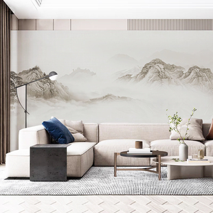 新中式山水画电视背景墙壁纸沙发墙，墙布墙纸客厅，壁画古典国画壁布