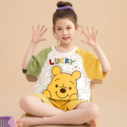 韩国维尼熊童装女童家居服2024夏款儿童纯棉睡衣短袖女孩洋气套装