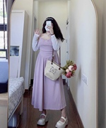 大码女装最长的电影法式复古吊带连衣裙女夏季紫色长裙两件套