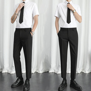 商务休闲一套装男士短袖白衬衫，九分黑西裤修身上班工作服大码正装