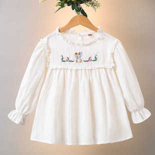女童衬衫春秋洋气花边，刺绣衬衣宝宝公主白色，上衣儿童娃娃衫长