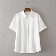 大码白衬衫女短袖夏季薄款胖mm纯色，提花湖蓝色纯棉宽松衬衣200斤