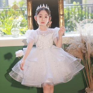 儿童礼服公主裙花童，婚礼小女孩春季白色婚纱钢琴主持人演出服女童