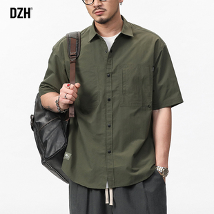 男士军绿色衬衫男短袖美式工装休闲衬衣，夏季男装2024外套寸衫