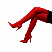 红色过膝长靴高跟女弹力布靴，35-42大码性感长靴子，瘦瘦靴拉风ins款