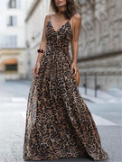 ebay速卖通欧美时尚，豹纹印花v领吊带连衣裙长裙女潮