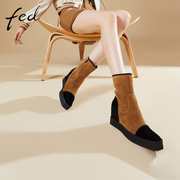 fed坡跟短靴冬季靴子加绒拼接气质百搭女士瘦瘦靴1130-ZFA368
