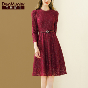 丹慕妮尔酒红色法式高端蕾丝，连衣裙女春秋气质，收腰中长款a字裙子