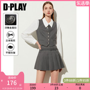 dplay春通勤灰色v领直身大身，袋唇装饰单排扣背心马甲上衣女