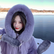 紫色羽绒服女款2023年冬季狐狸，毛领连帽中长款加厚白鸭绒(白鸭绒)外套