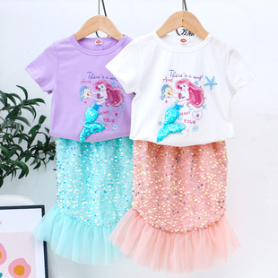 女童爱丽儿公主套裙2024夏季两件套儿童洋气女宝宝美人鱼生日套装