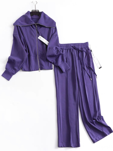 d404茶系穿搭微胖显瘦盐系紫色休闲卫衣外套，运动两件套装0.98