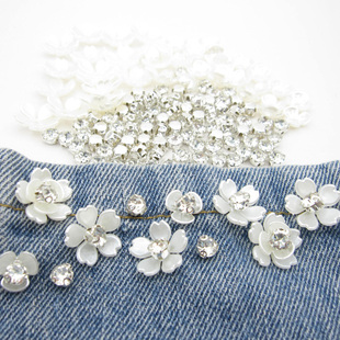米白色珍珠花片水钻套装装饰外套，礼服布料面料手工diy手缝钻辅料