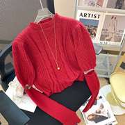 红色泡泡袖套头毛衣女春秋季设计感小众可拆卸袖套短款针织衫上衣