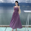 法式复古紫色褶皱抹胸吊带连衣裙三亚海边度假修身显瘦露背沙滩裙