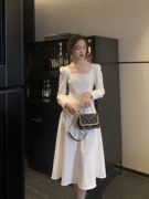 白色连衣裙女2022年秋冬方领法式复古显瘦领证小白裙子伴娘服