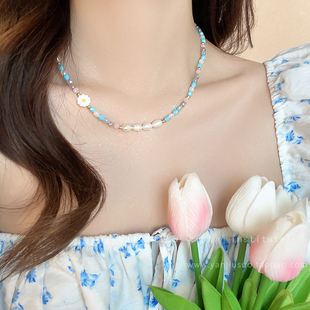 夏季彩色雏菊花朵珍珠项链女款2024配饰颈链高级感锁骨链