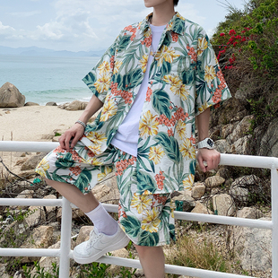 休闲夏威夷衬衫短裤，夏季潮流宽松短袖日系大码海边情侣，沙滩套装男
