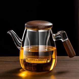 加厚玻璃防爆泡茶杯胡桃木过滤木把带盖三件式茶水分离花茶杯杯