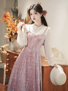 早春女装复古法式衬衫领粉色丝绒吊带连衣裙高级感气质仙女茶歇裙