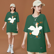多巴胺鹅印花小众美式t恤女宽松潮，夏季绿色纯棉短袖2023女生