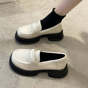 厚底增高白色小皮鞋女2024英伦风法式复古粗跟一脚蹬玛丽珍鞋