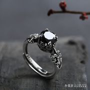 925纯银戒指天然黑玛瑙开口戒子，男女款时尚，潮人个性复古指环