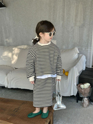韩版童装女童时髦套装2024春季儿童黑白条纹长袖卫衣半身裙潮