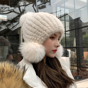 水貂帽子女冬季甜美可爱韩版时尚狐狸毛球皮草编织貂皮护耳东北帽