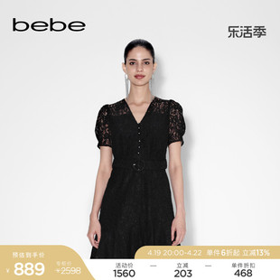 bebe春夏系列V领纯色蕾丝含腰带泡泡袖连衣裙250001