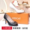 接吻猫KISSCAT圆跟女鞋黑色细高跟鱼嘴羊皮女单鞋KA32108-12