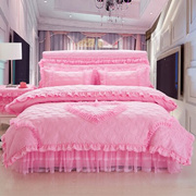公主风床裙四件套韩式花边纯色加棉加厚床罩蕾丝床单被套婚庆粉色