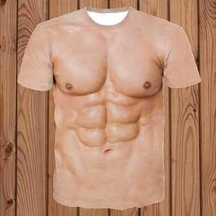 创意搞笑肌肉男t恤3d纹身，衣服立体图案个性，假68块腹胸肌短袖t恤潮