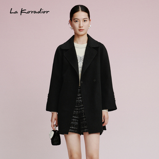 La Koradior拉珂蒂黑色双面呢羊毛大衣呢子短款外套女秋冬