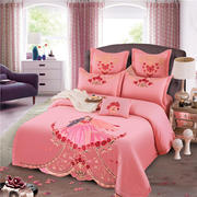 婚庆四件套粉色刺绣花结婚床上用品，大红纯全棉，公主床品新婚六八十