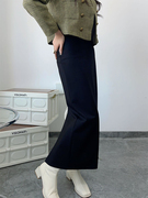 半身裙女2023秋冬韩版高腰，显瘦包臀裙后开叉，一步半身长裙黑色