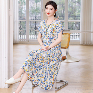 中老年妈妈棉绸连衣裙女夏季新款端庄大气长裙大码显瘦遮肚子裙子