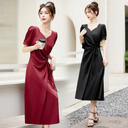设计款连衣裙2024女夏季韩版现代都市女人味抽绳收腰中长裙子