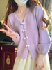 春季紫色v领针织开衫女秋季外搭薄款毛衣，外套软糯温柔蝴蝶结上衣
