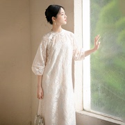 初蝉新中式旗袍改良年轻款女夏季蕾丝提花气质优雅国风连衣裙