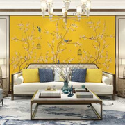 新中式电视背景墙布卧室客厅黄色花鸟壁纸家用小户型梅花壁画墙纸