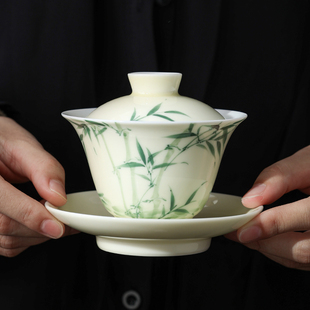 纯手绘翠釉绿竹逸雅三才盖碗单个高档茶杯泡茶碗带盖白瓷三件套