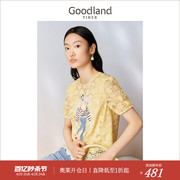 Goodland美地女装夏季花朵蕾丝衬衫时尚短袖兔子绣花上衣
