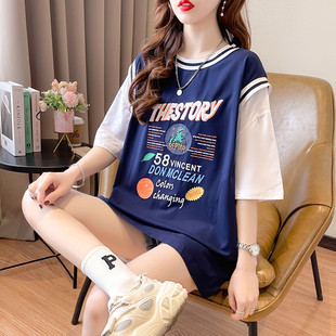 假两件短袖t恤女夏季2024韩版初中高中学生大码宽松半袖上衣