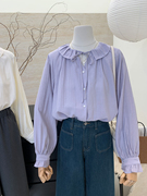 韩国甜美小众设计春季宽松镂空花边褶皱娃娃领长袖衬衫女衬衣