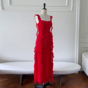 英国canarykiss吊带裙显瘦礼服女优雅订货款，时尚红色长裙