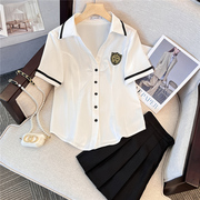 白色v领衬衫女夏英伦学院风，jk制服工作服，短袖气质减龄纯欲风上衣